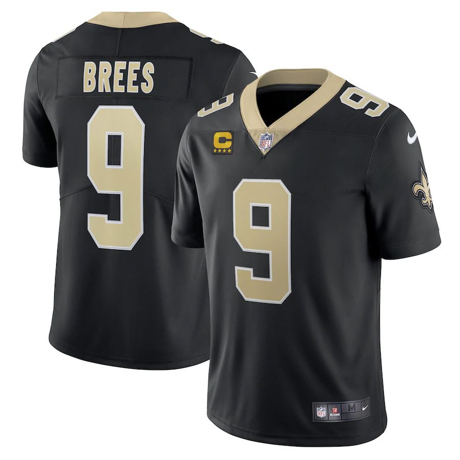 Men New Orleans Saints 9 Drew Brees Nike Black Captain Vapor Limited NFL Jersey